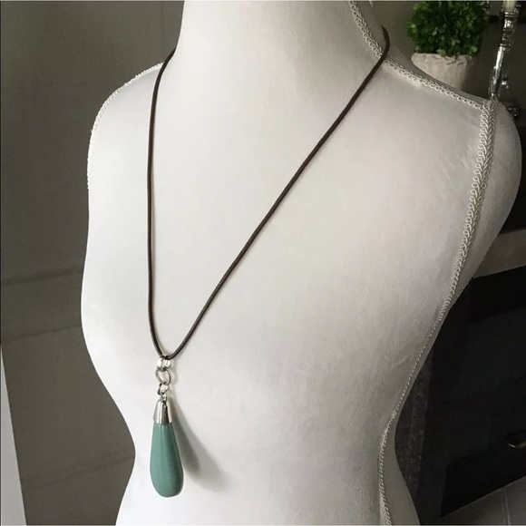 NEW Aqua Teardrop Pendant Statement Drop Necklace Long Wax Cord Mod Resin - Picture 4 of 6